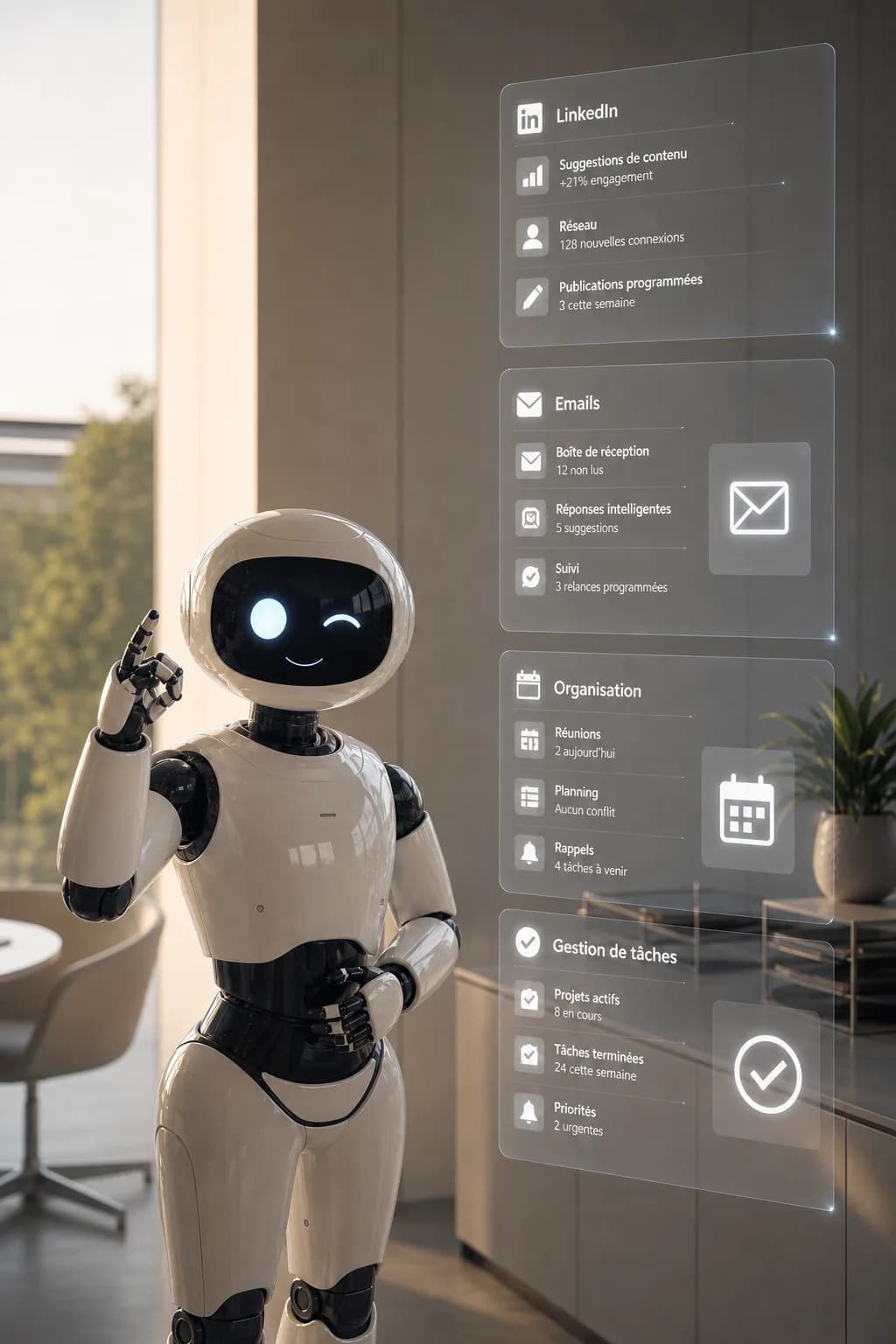Assistant robot IA présentant des tableaux de bord holographiques (LinkedIn, emails, organisation, gestion de tâches) dans un bureau lumineux.