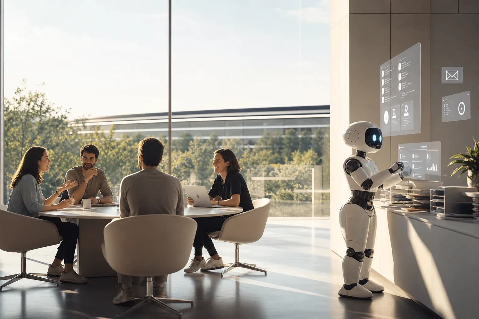 Un robot IA assiste une équipe en réunion dans un bureau lumineux, en manipulant des tableaux de bord holographiques.